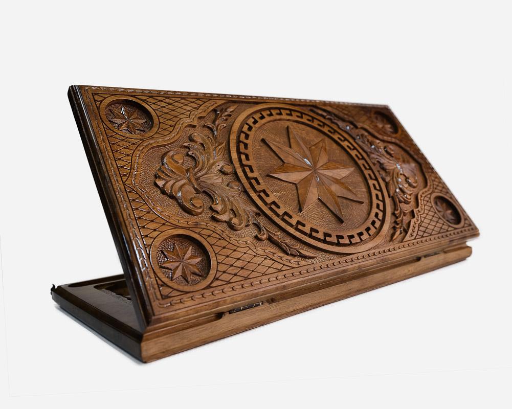 Luxury walnut backgammon set carved with interlocking octagons