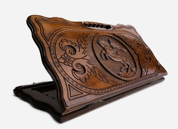 Carved beechwood backgammon board with David of Sasun on horseback and a carry handle, propped open
