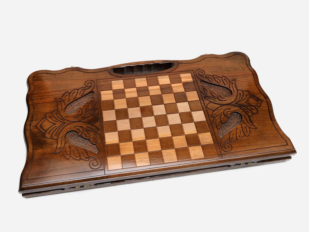 Angled view of the Hayk the Patriarch carved backgammon board