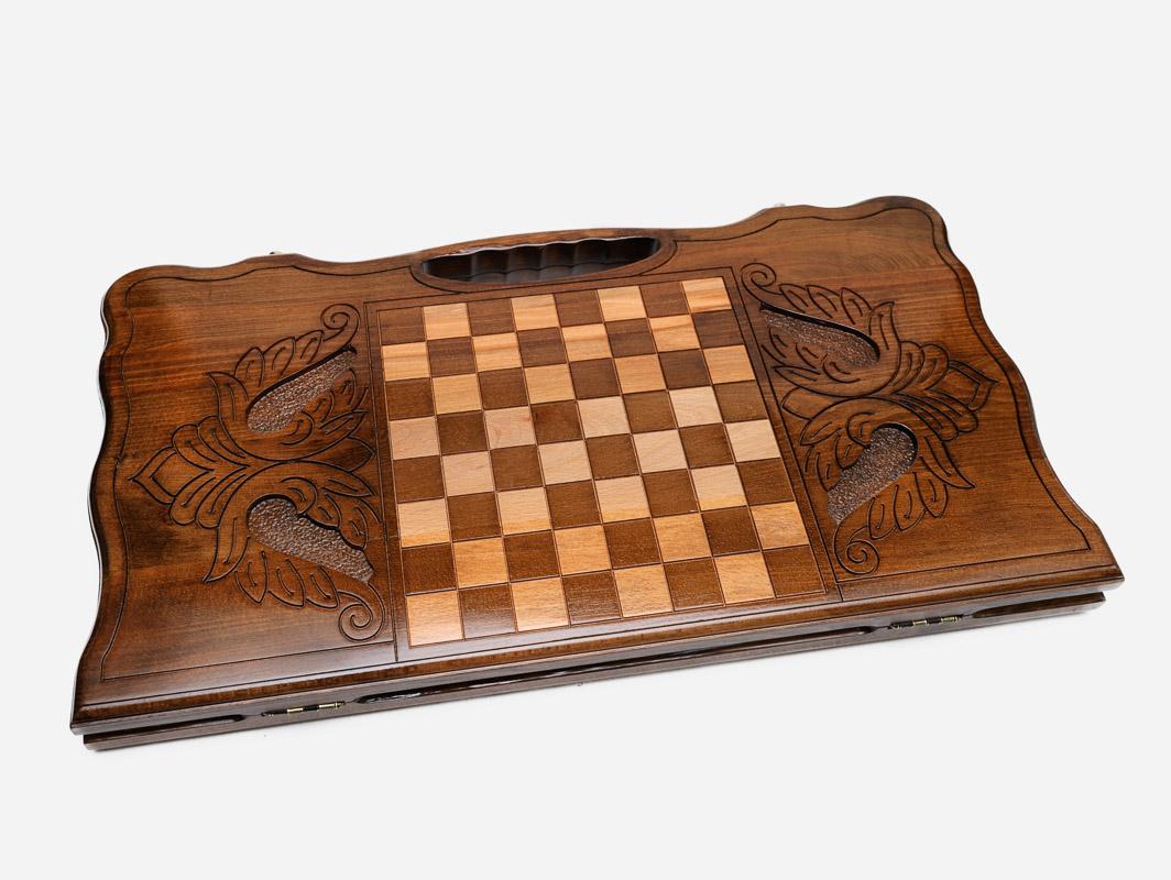 Angled view of the Hayk the Patriarch carved backgammon board