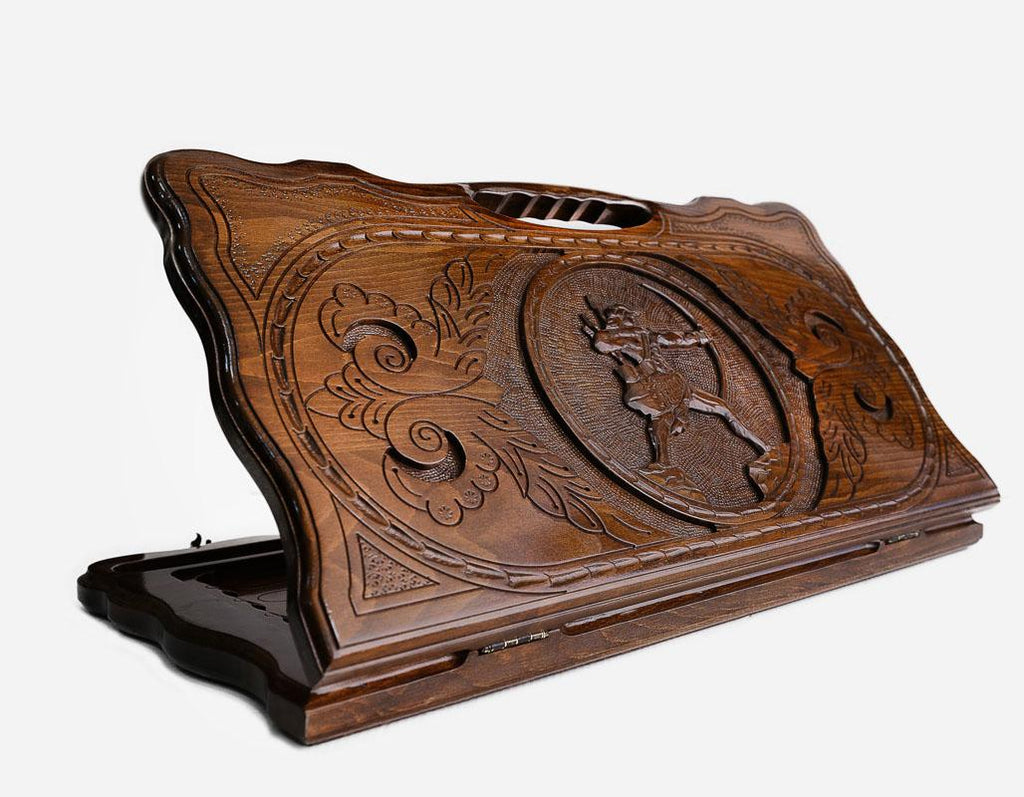 Carved beechwood backgammon board with Hayk the Patriarch drawing his bow and a carry handle, propped open