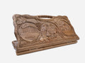 Carved walnut backgammon board with Armenian and Russian churches and a carry handle, propped open