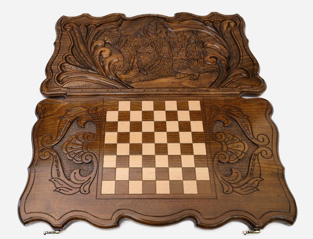 Wooden backgammon set interior with carved points