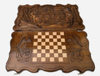 Wooden backgammon set interior with carved points