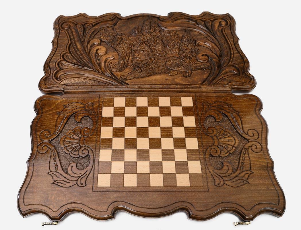 Wooden backgammon set interior with carved points