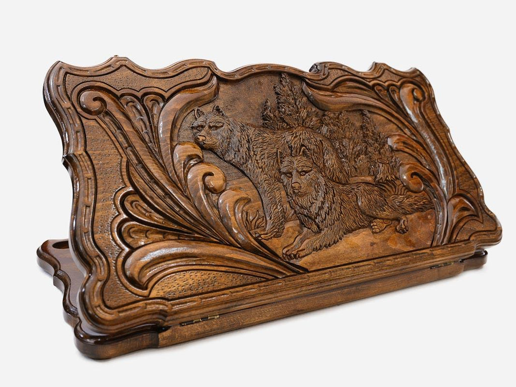 Hand-carved wolves in motion on wooden backgammon set