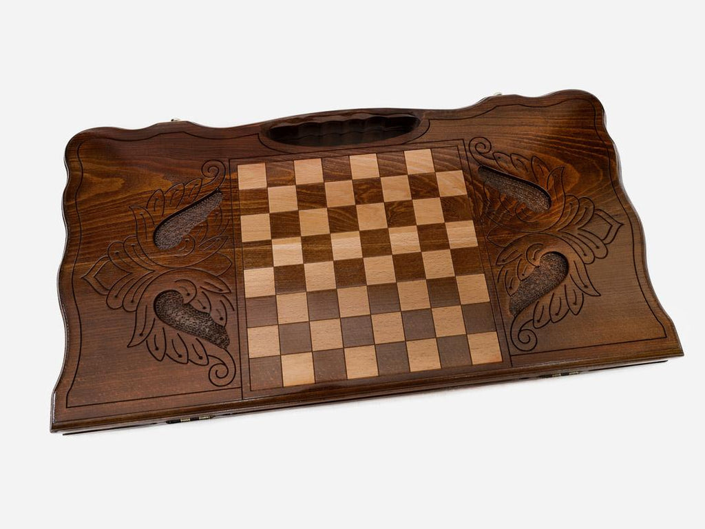 Angled view of the Sanahin Monastery carved backgammon board
