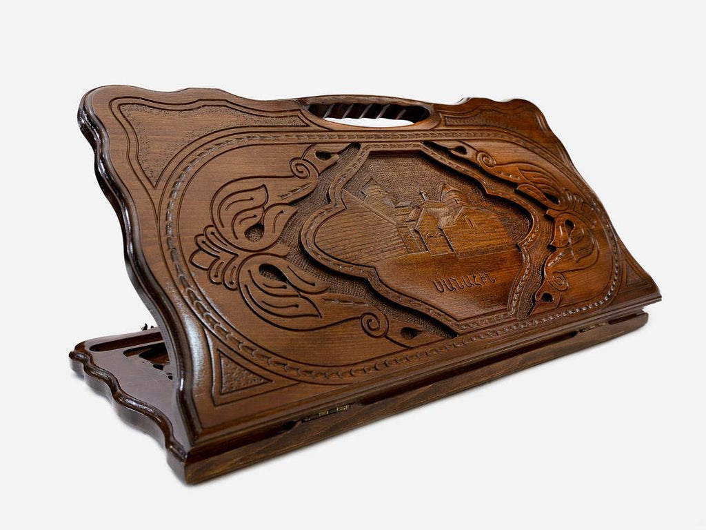 Carved beechwood backgammon board with the Sanahin Monastery in a carved frame, propped open