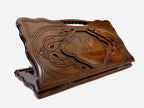 Carved beechwood backgammon board with the Sanahin Monastery in a carved frame, propped open