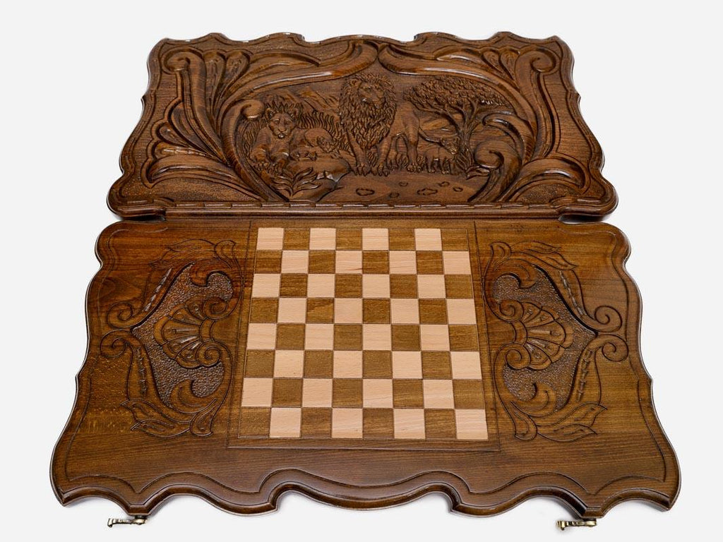 Lion pride backgammon set folded, carved family scene showing