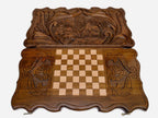 Lion pride backgammon set folded, carved family scene showing