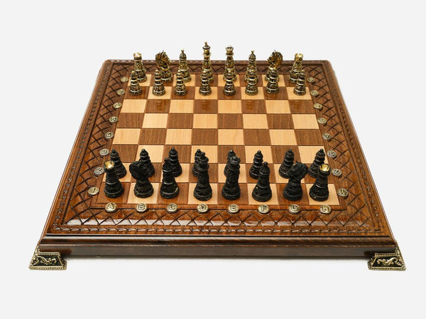 Luxury wooden chess set with figural bronze pieces