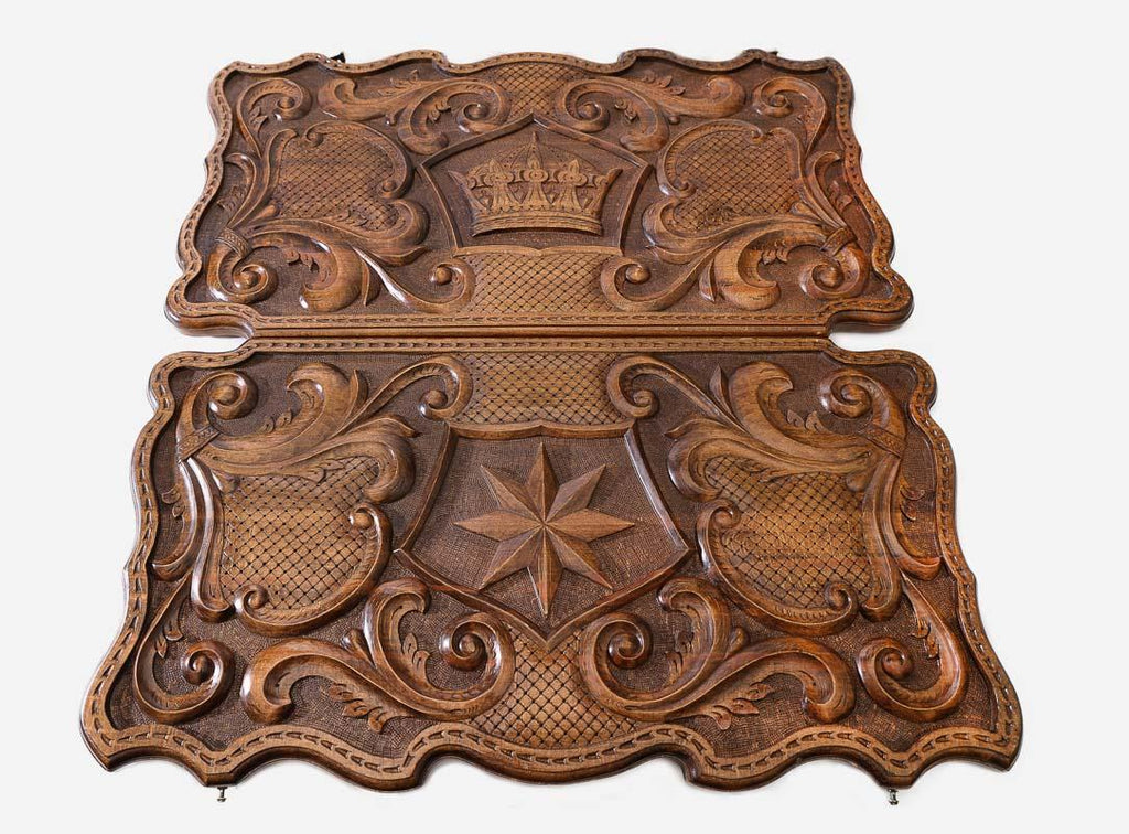 Wooden backgammon set interior with carved points