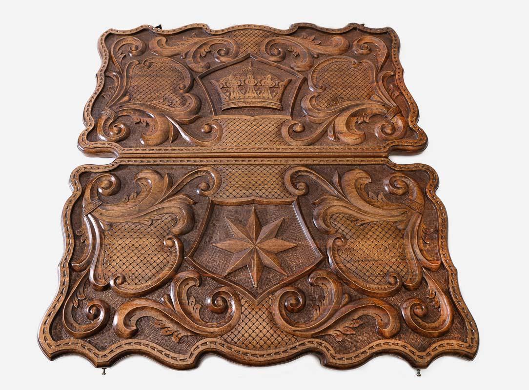 Wooden backgammon set interior with carved points