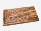 Angled view of the walnut Tree of Life backgammon board