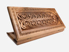 Master-carved walnut backgammon board with a deep-relief Tree of Life and a carry handle, propped open