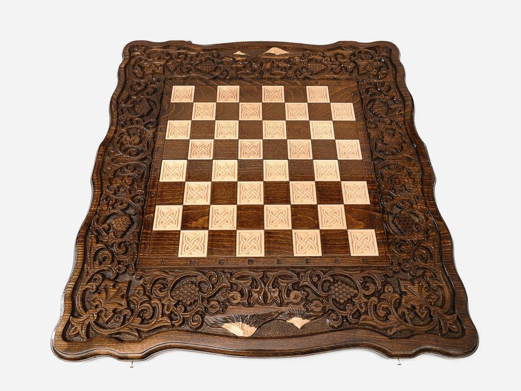 Grapevine and pomegranate wound around the wooden chessboard