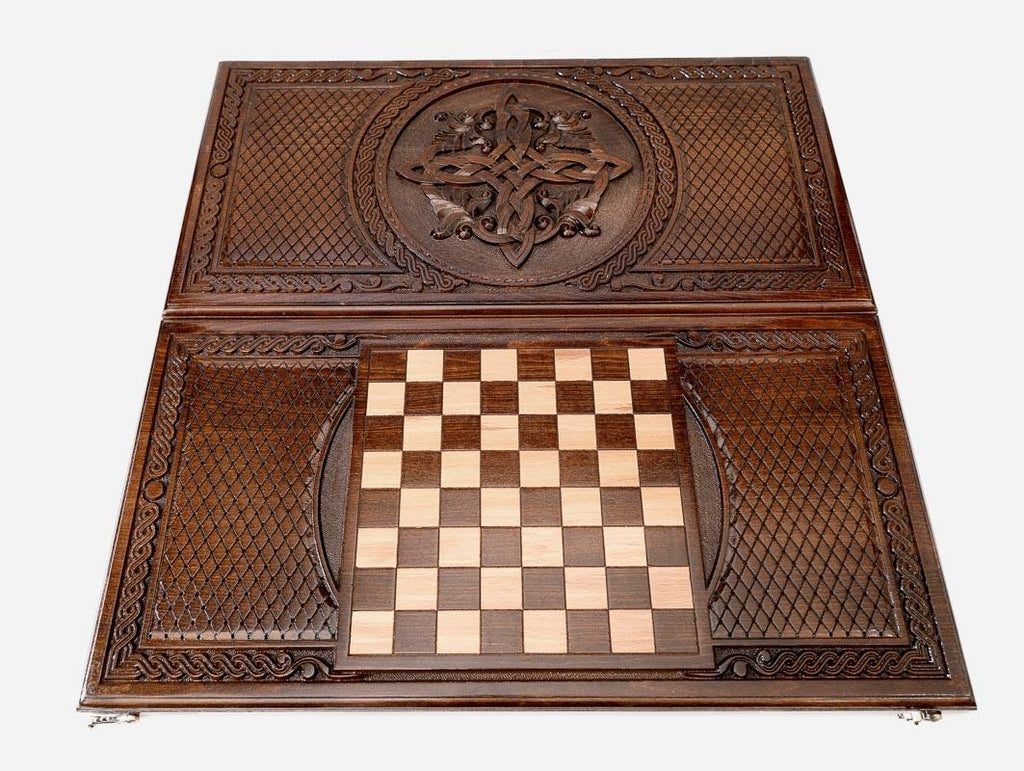 Wooden backgammon set interior with carved points