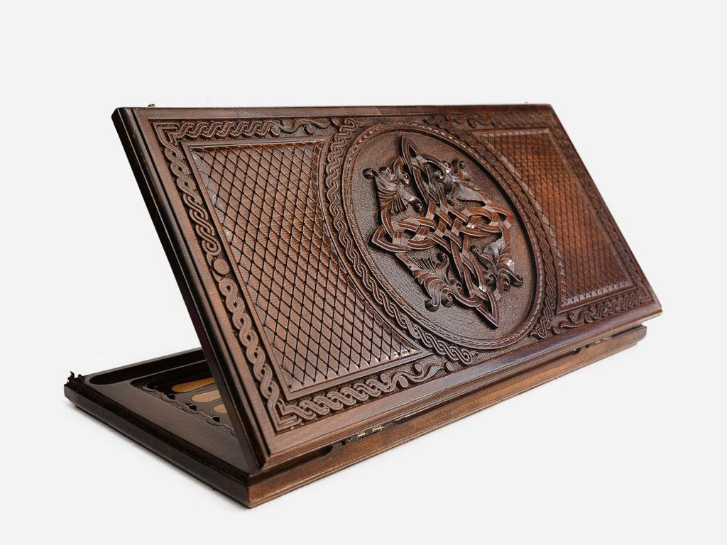 Wooden backgammon set hand carved with snowflake ornament