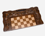 Heart motif chess and backgammon set shown folded