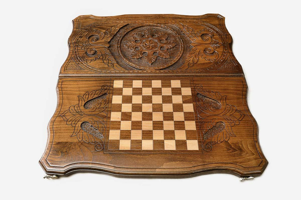 Wooden backgammon set interior with carved points