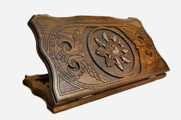 Wooden backgammon set hand carved with snowflake ornaments