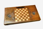Angled view of the Ararat and Khor Virap bronze backgammon board