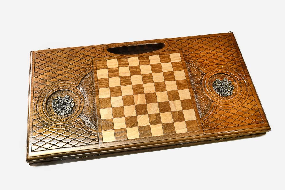 Angled view of the Ararat and Khor Virap bronze backgammon board