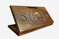 Carved beechwood backgammon board with Mount Ararat and Khor Virap monastery and bronze details, propped open
