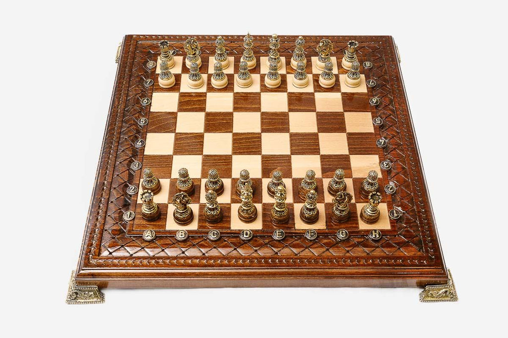 Bronze chess army on turned wooden bases