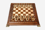 Bronze chess army on turned wooden bases