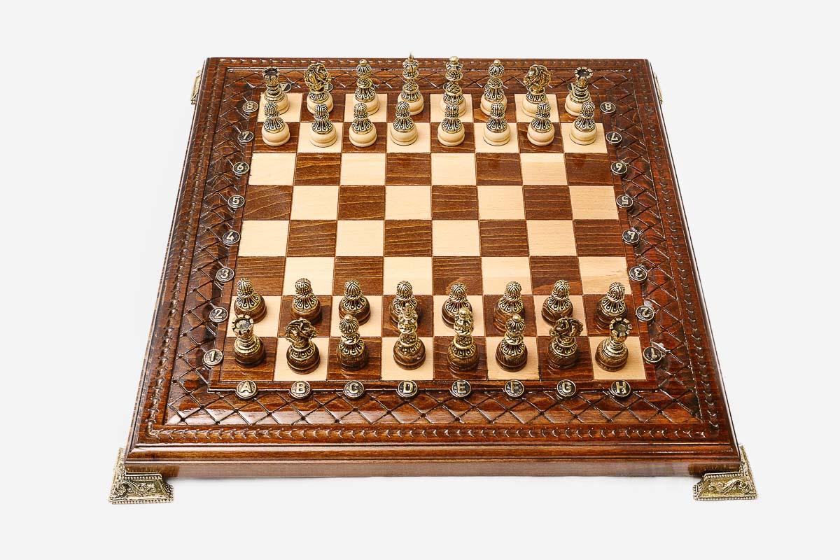 Bronze chess army on turned wooden bases