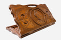 Carved beechwood backgammon board with a perched eagle and a carry handle, propped open