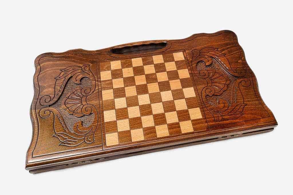 Angled view of the leaping horse carved backgammon board