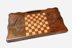 Angled view of the leaping horse carved backgammon board