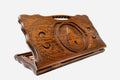 Carved beechwood backgammon board with the Temple of Lalish and a carry handle, propped open