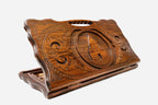 Carved beechwood backgammon board with the Temple of Lalish and a carry handle, propped open