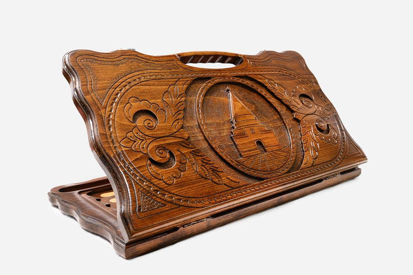 Carved beechwood backgammon board with the Temple of Lalish and a carry handle, propped open