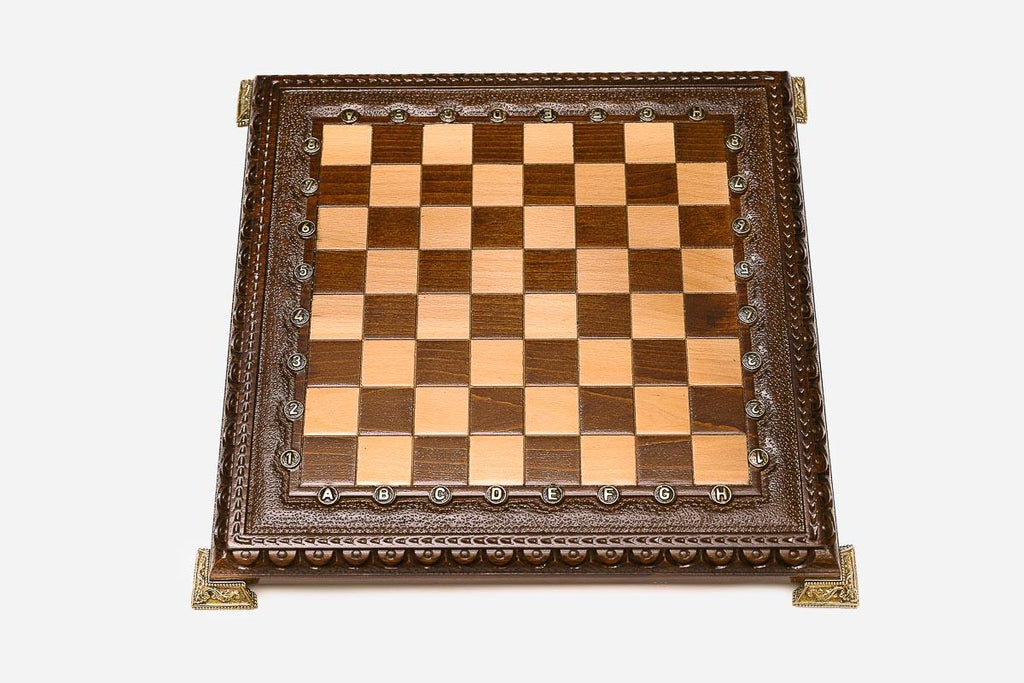 Close-up of the fine carving on the beech chess board