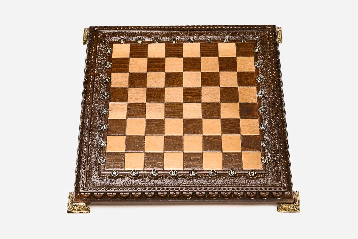 Close-up of the fine carving on the beech chess board