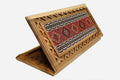 Walnut backgammon board with an Armenian national costume ornament panel and a carry handle, propped open