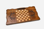Angled view of the rearing horses carved backgammon board