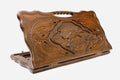 Carved beechwood backgammon board with a regal lion and a carry handle, propped open