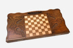 Angled view of the stag carved backgammon board