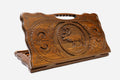 Carved beechwood backgammon board with a graceful stag and a carry handle, propped open