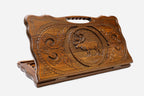 Carved beechwood backgammon board with a graceful stag and a carry handle, propped open