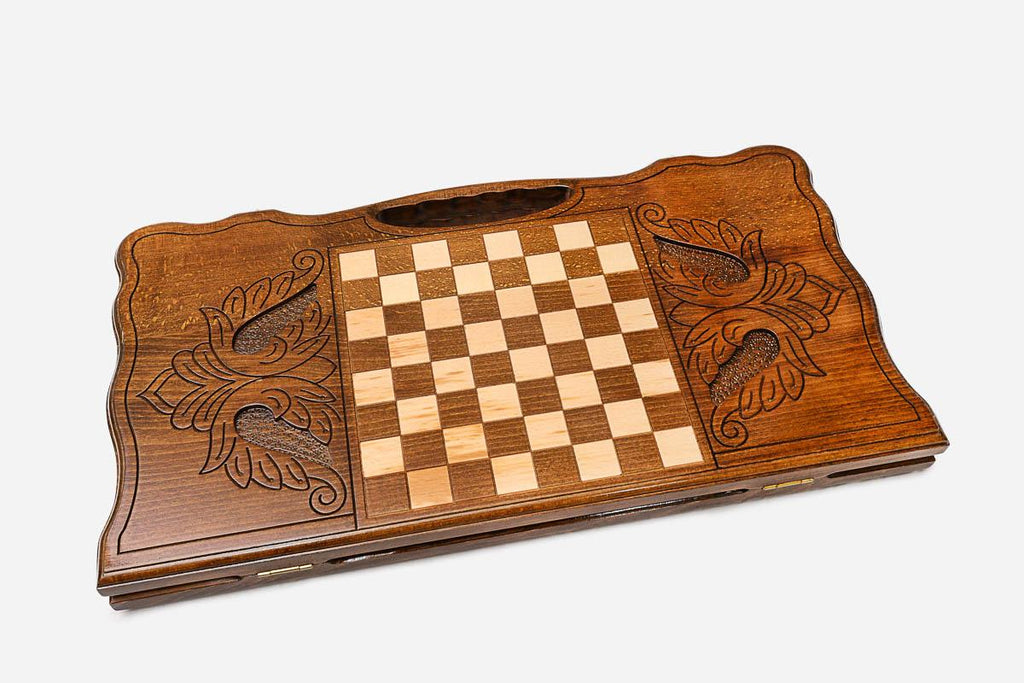 Angled view of the Pegasus carved backgammon board