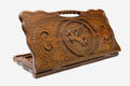 Carved beechwood backgammon board with the winged horse Pegasus and a carry handle, propped open