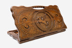 Carved beechwood backgammon board with the winged horse Pegasus and a carry handle, propped open