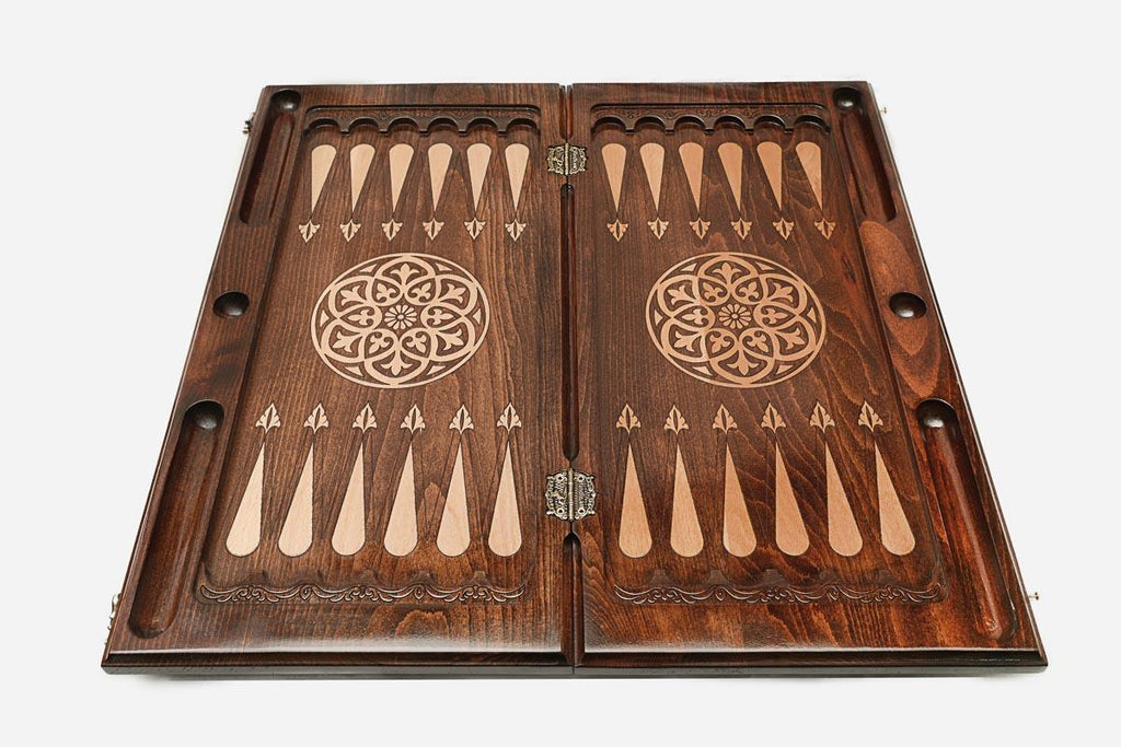 Wooden backgammon set interior with carved points